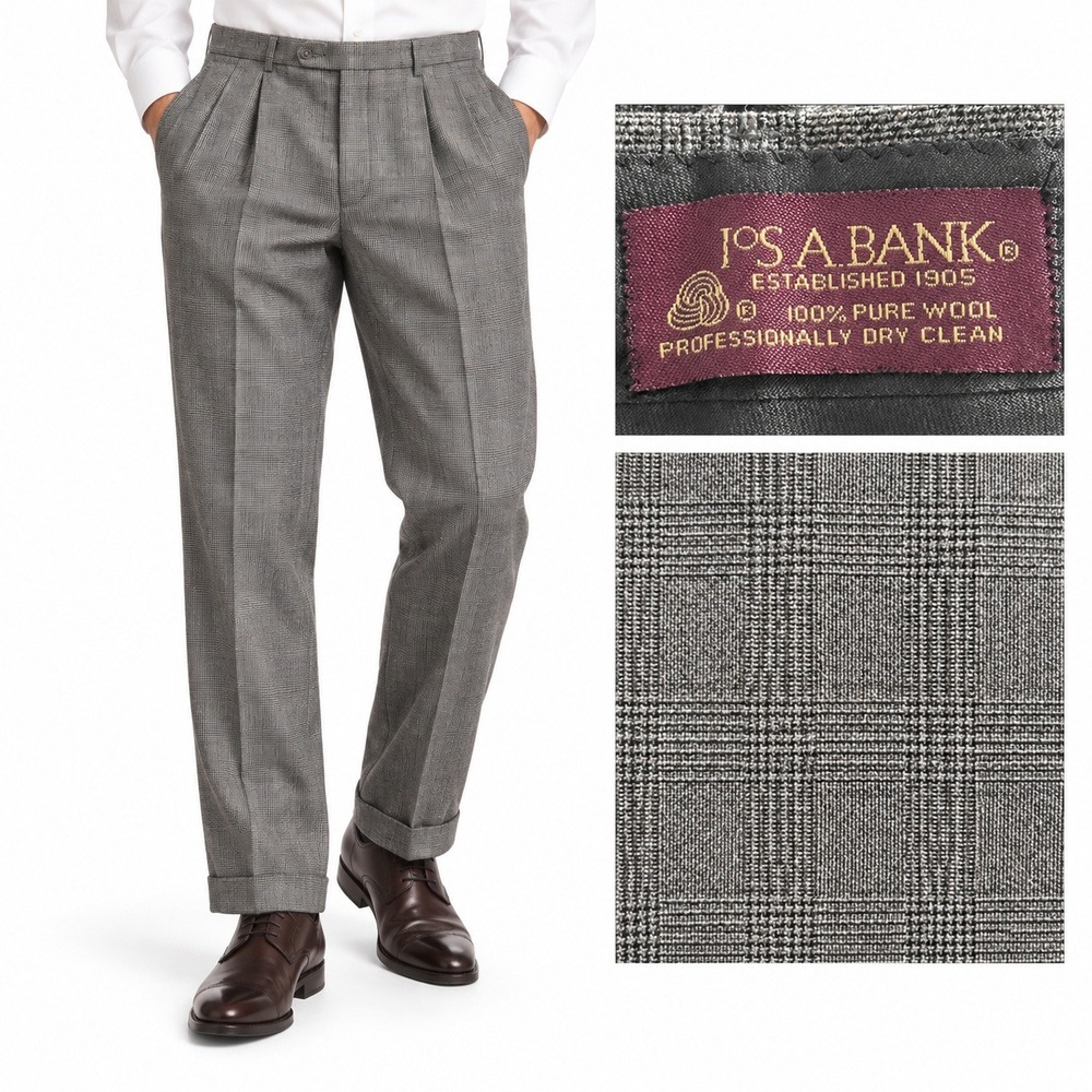 Jos A Bank Pants Mens 34x30 Grey Glen Plaid Pleated Wool Cuffed Dress Trousers